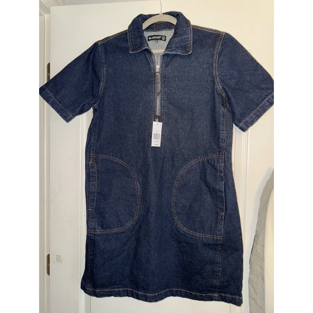 BlankNYC Denim Mini Dress Womens Medium Dark Wash Half Zip Short Sleeve 48YL7260